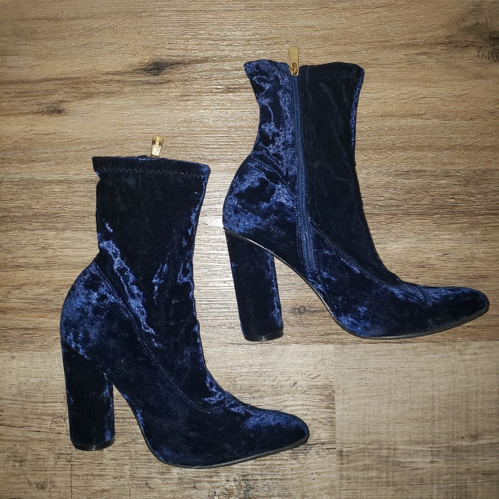Blue Crushed Velvet Booties